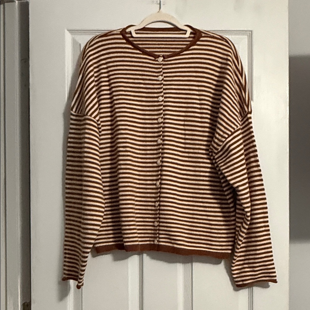 Striped Button-Front Cardigan in Cream and Brown